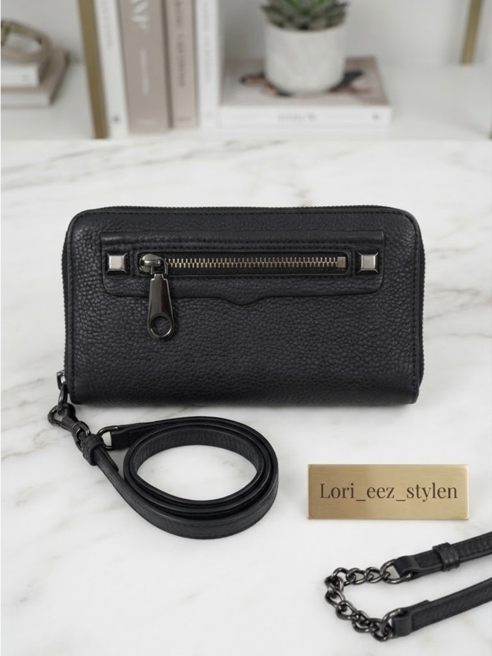 Rebecca Minkoff Black Pebbled Leather Zip Wallet with Detachable Strap